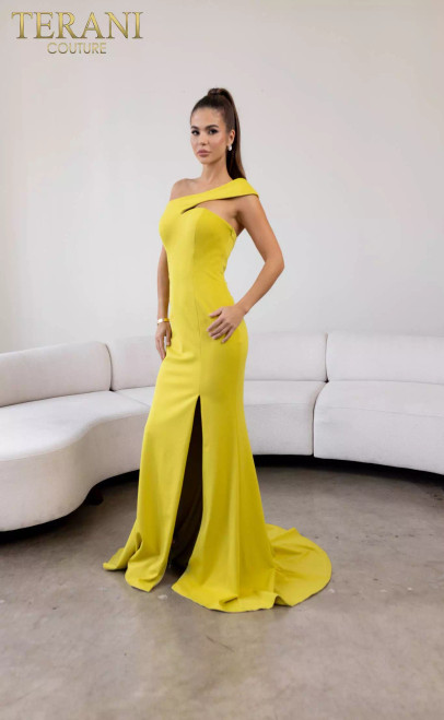 Terani Couture 241E2416 Asymmetrical Neck Off-Shoulder Dress