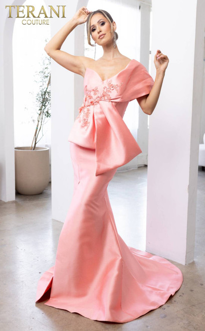 Terani Couture 241E2468 Asymmetrical Neck Off-Shoulder Dress
