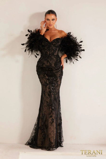 Terani Couture 241E2479 Off-Shoulder Neck Long Sleeves Dress