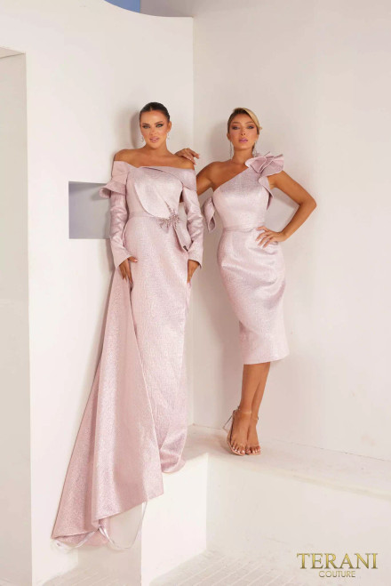 Terani Couture 241M2743 Jacquard Off-Shoulder Neck Dress