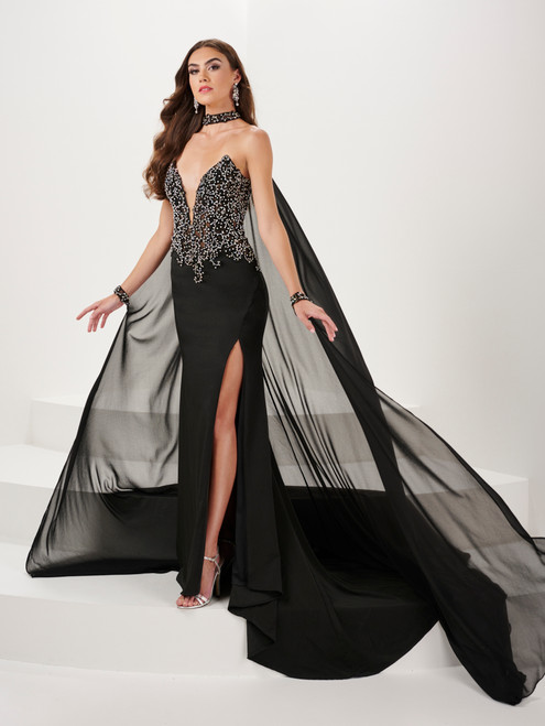 Panoply 14197 Lace Stretch Crepe Strapless V-neck Long Gown