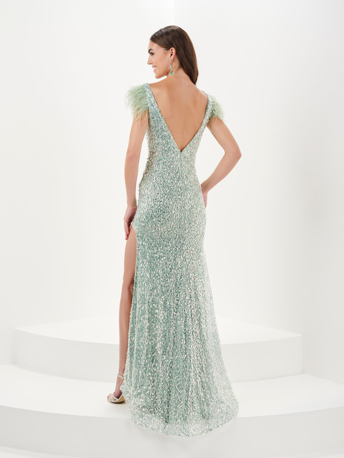Tiffany Designs 16055 Teardrop Paillette Feathers Long Dress