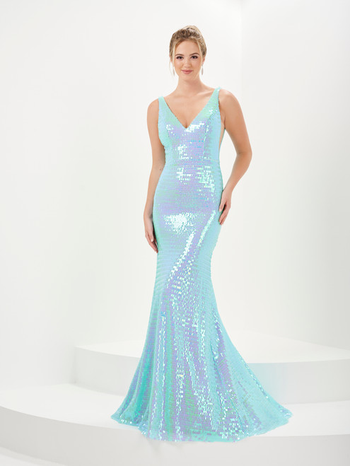 Tiffany Designs 16065 Micro Fringe Sequin V-Neck Long Dress