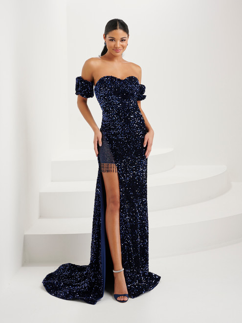 Tiffany Designs 16087 Beaded Fringe Mesh Strapless Dress