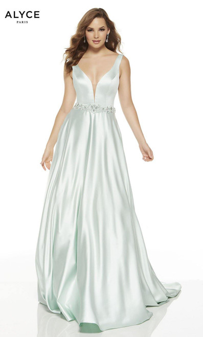 Alyce Paris 1422 Plunging Neck Beaded Luminous Satin Dress