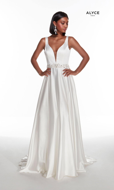 Alyce Paris 1422 Plunging Neck Beaded Luminous Satin Dress