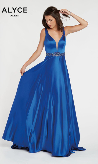 Alyce Paris 1422 Plunging Neck Beaded Luminous Satin Dress