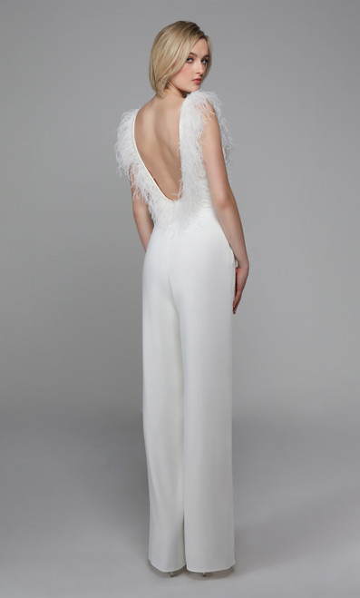 Alyce Paris 1707 Plunging Neckline Feather Long Jumpsuit