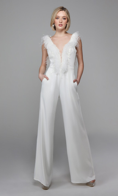 Alyce Paris 1707 Plunging Neckline Feather Long Jumpsuit