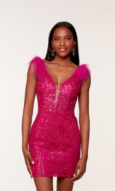 Alyce Paris 4613 Sequins Glitter Tulle Feathers Short Dress