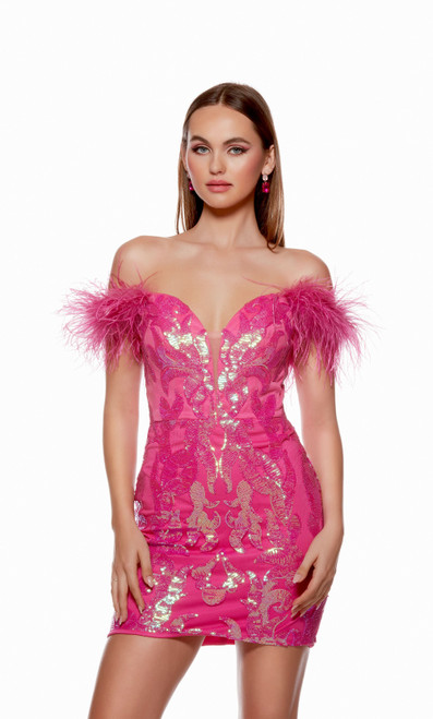 Alyce Paris 4621 Sequins Feathers Off Shoulder Short Dress
