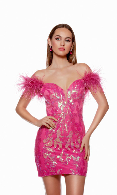 Alyce Paris 4621 Sequins Feathers Off Shoulder Short Dress