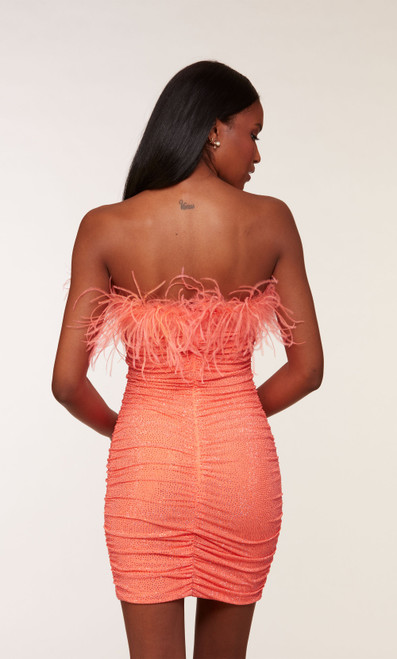 Alyce Paris 4728 Stretch Mesh Strapless Feathers Short Dress