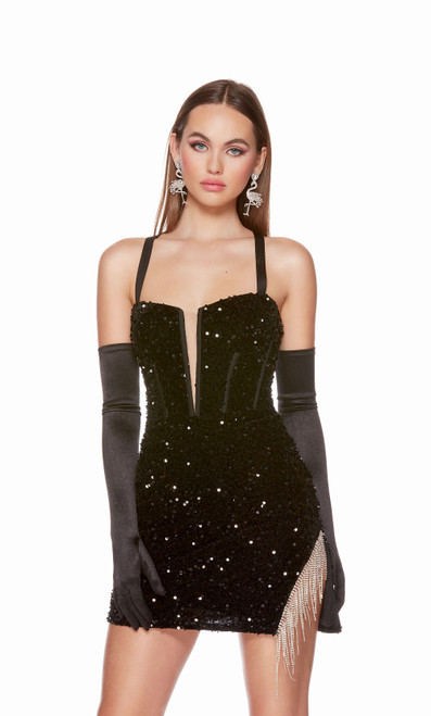 Alyce Paris 4795 Plush Sequins Plunging Neck Short Dress