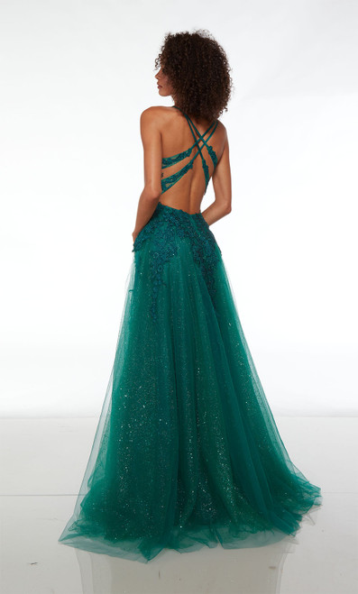 Alyce Paris 61477 Lace Glitter Tulle Plunging Neckline Dress