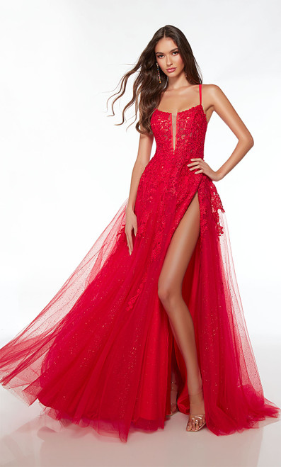 Alyce Paris 61477 Lace Glitter Tulle Plunging Neckline Dress