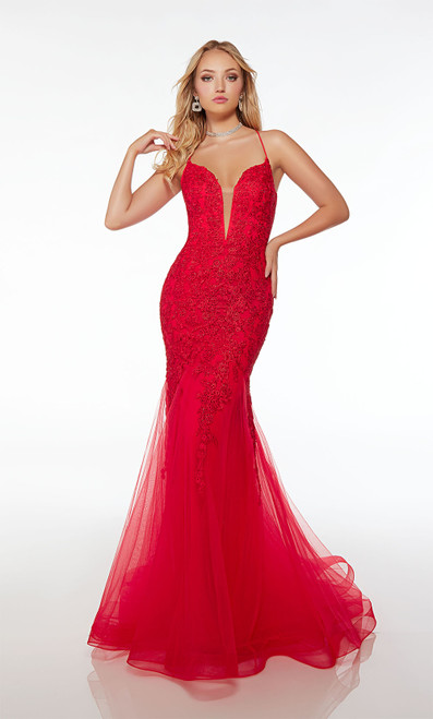 Alyce Paris 61478 Lace Tulle Plunging Neckline Long Dress