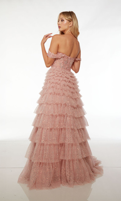 Alyce Paris 61527 Lace Sequins Off Shoulder Ruffle Dress