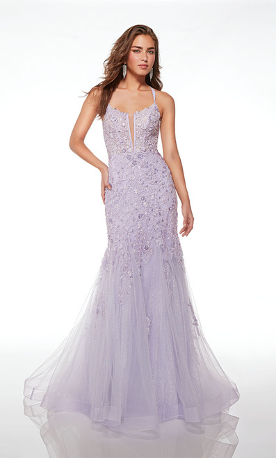 Alyce Paris 61640 Beaded Glitter Tulle Plunging Neck Dress