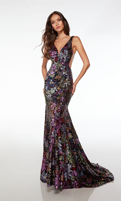 Alyce Paris 61667 Flower Sequins Plunging Neck Long Dress