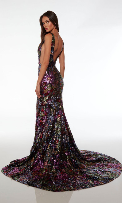 Alyce Paris 61667 Flower Sequins Plunging Neck Long Dress