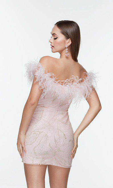 Alyce Paris 4500 Glitter Feathers Off Shoulder Short Dress