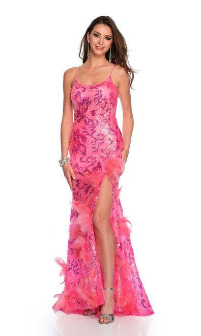 Dave & Johnny 11388 Scoop Neck Sequin Print Feathers Dress