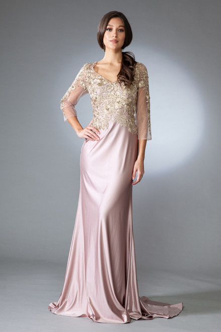 Amelia Couture 7039 V-neck Illusion 3/4 Sleeves Long Dress