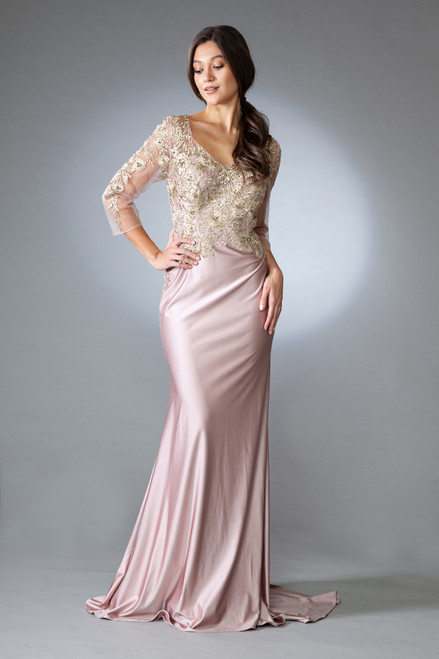 Amelia Couture 7039 V-neck Illusion 3/4 Sleeves Long Dress