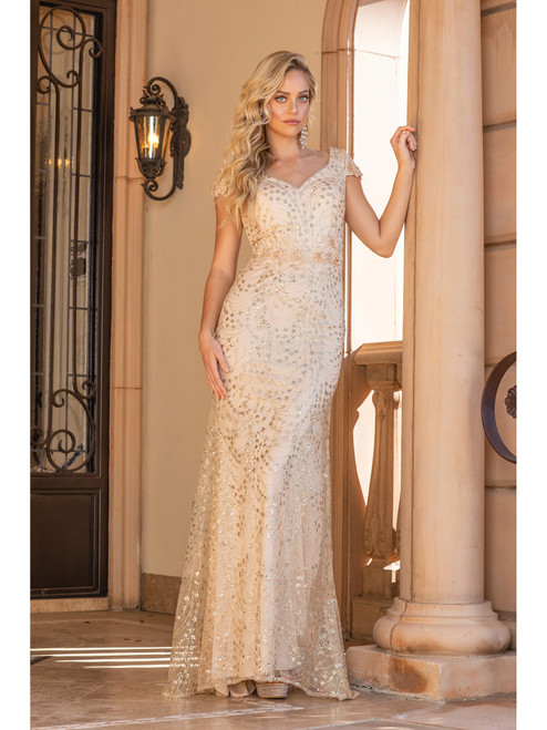 Dancing Queen 4329 Embellished Cap Sleeves V-Neckline Gown