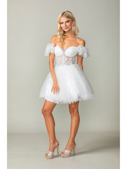 Dancing Queen 3379 Tulle Embroidered Puff Sleeve Short Dress