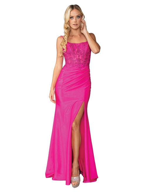 Dancing Queen 4434 Satin Beaded Tank Bodice Side Slit Gown