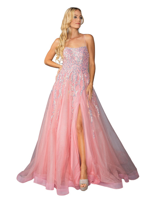 Dancing Queen 4431 Sequined Tulle Spaghetti Straps Long Gown