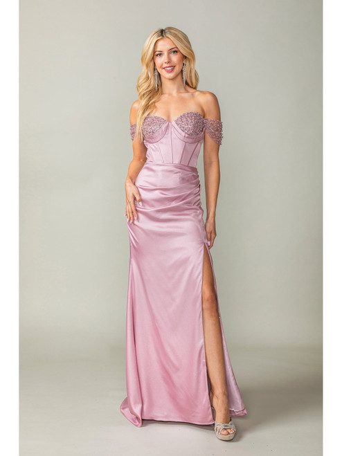 Dancing Queen 4401 Satin Beaded Bust Off Shoulder Long Gown