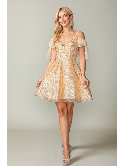 Dancing Queen 3363 Sequined Sheer Puff Sleeves Short Dress