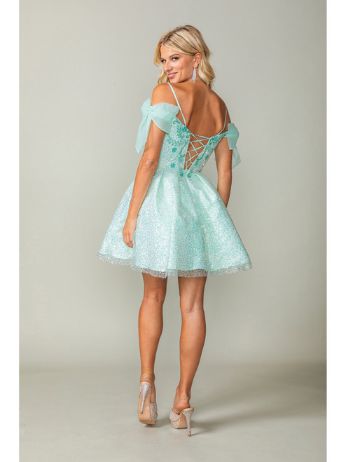 Dancing Queen 3363 Sequined Sheer Puff Sleeves Short Dress