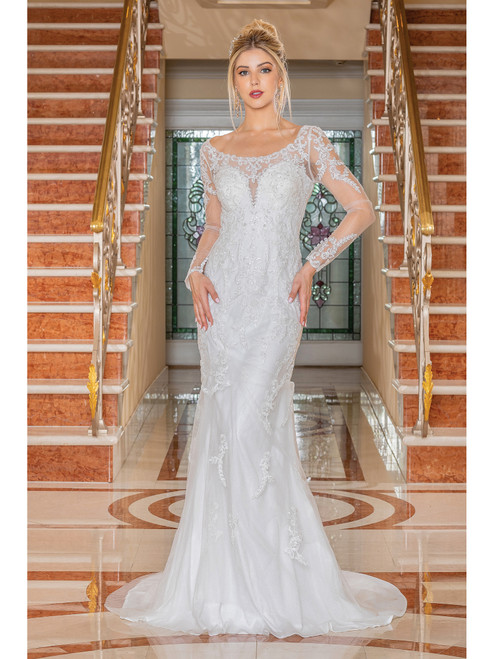 Dancing Queen 0238 Lace Sheer Long Sleeves Wedding Gown