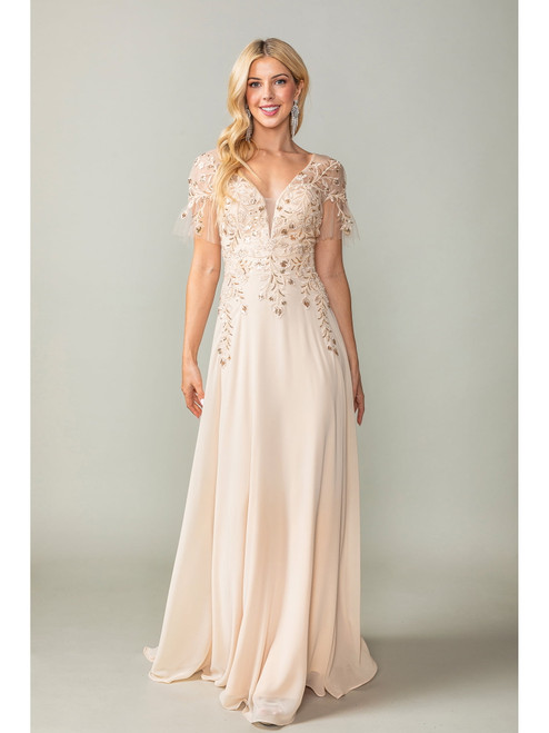 Dancing Queen 4378 Embroidered Applique Flutter Sleeve Gown