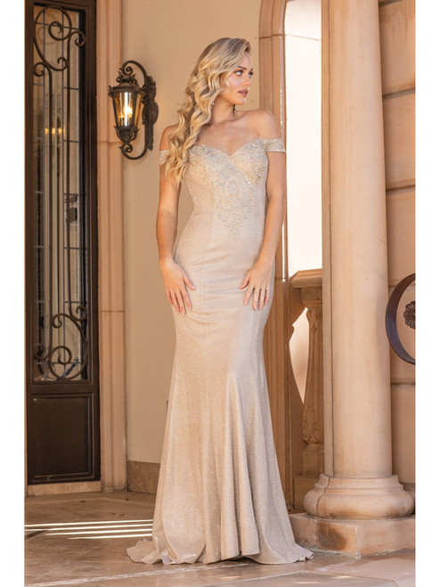 Dancing Queen 4333 Beaded Off-Shoulder Draped Sleeves Gown