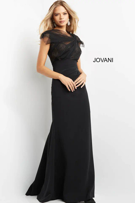 Jovani 05675 Mesh Crepe Lace Sleeveless Ruched Long Dress