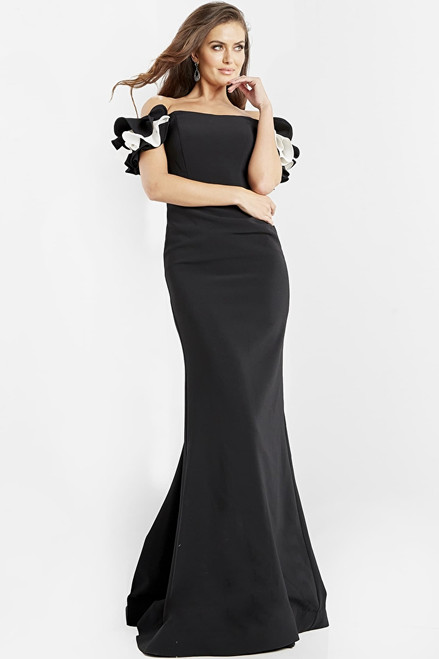 Jovani 07017 Crepe Ruffles Off the Shoulder Sheath Dress