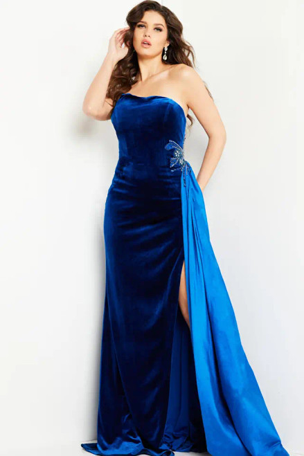 Jovani 23942 Velvet Satin Strapless Asymmetric Neck Gown