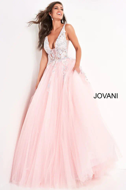 Jovani 11092 Tulle Floral Embroidered Plunging Neck Ballgown