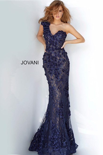 Jovani 3375 Embellished Lace Applique One Shoulder Dress