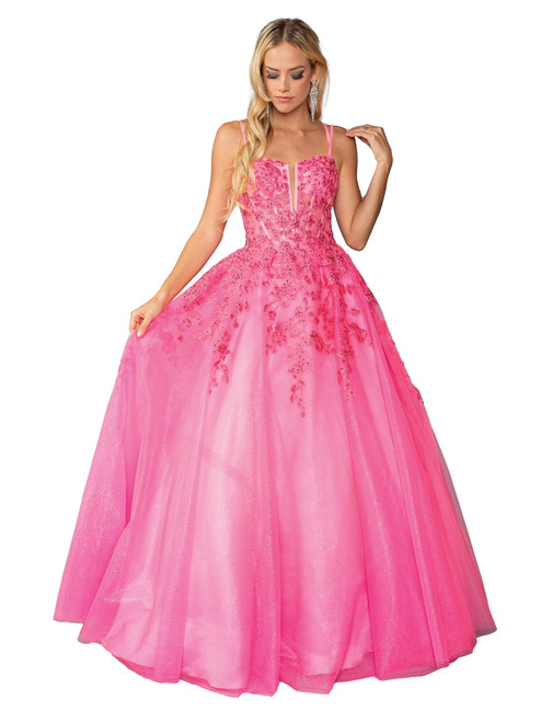Dancing Queen 4459 Lace Embellished Tulle Overlay Long Gown
