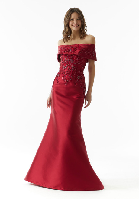 Morilee MGNY 73019 Satin Off The Shoulder Cuffed Neck Gown