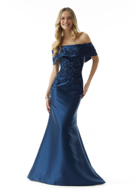 Morilee MGNY 73019 Satin Off The Shoulder Cuffed Neck Gown