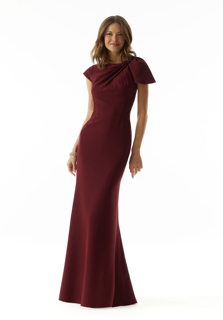 Morilee MGNY 73022 Crepe Beaded Shoulder Bow Sheath Gown