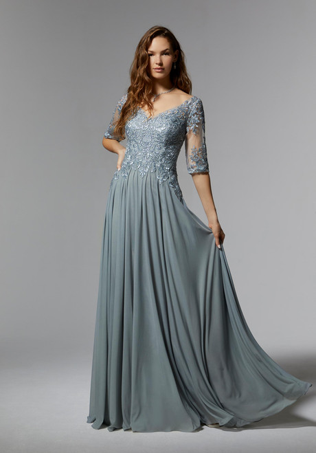 Morilee MGNY 71805 Stretch Mesh Elbow Sleeves V-neck Gown