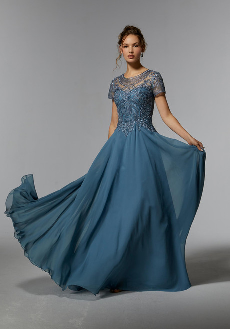 Morilee MGNY 71824 Chiffon Bateau Neck Cap Sleeves Gown